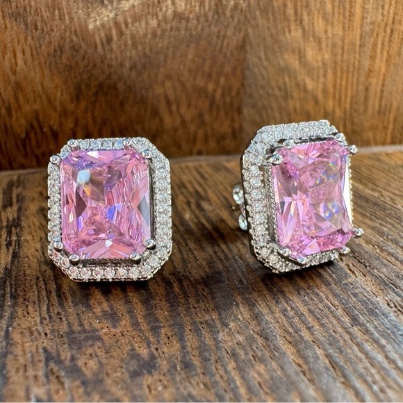 993. Emerald Cut Pink Kunzite Silver Stud Earrings - Picture 3 of 6
